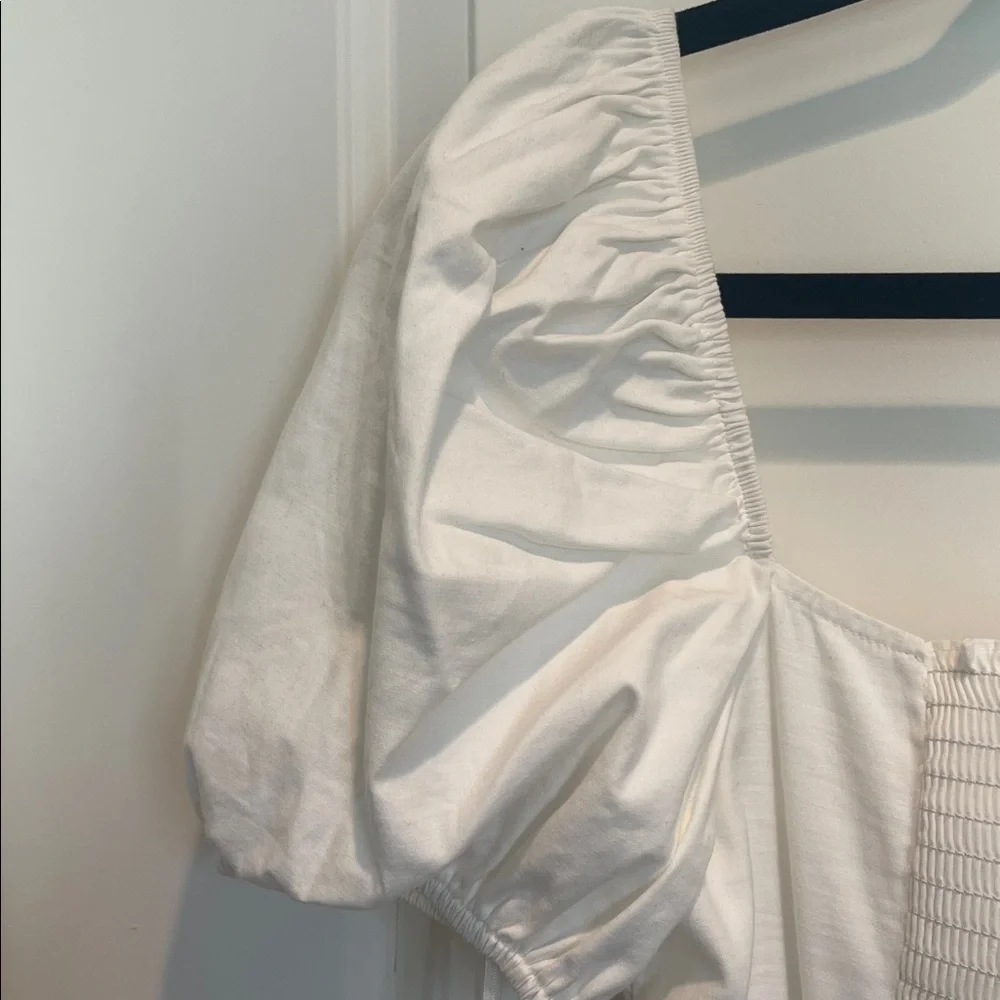 Reformation White Ruched Puff Sleeve Blouse